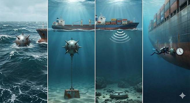 기뢰 종류에 따른 작동 방식. 구글 제미나이로 만든 이미지.