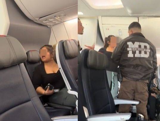 미국 아메리칸 항공 국내선 여객기에 탑승한 한 여성이 기내에서 휴대전화로 동영상을 보며 헤드폰을 착용하지 않고, 승무원의 헤드폰 착용 요구를 거부한 채 소리를 지르며 욕설을 했다.(왼쪽) 이에 보안요원이 해당 여성에게 여객기에서 내릴 것을 요구했다.(오른쪽) 자료 : 틱톡