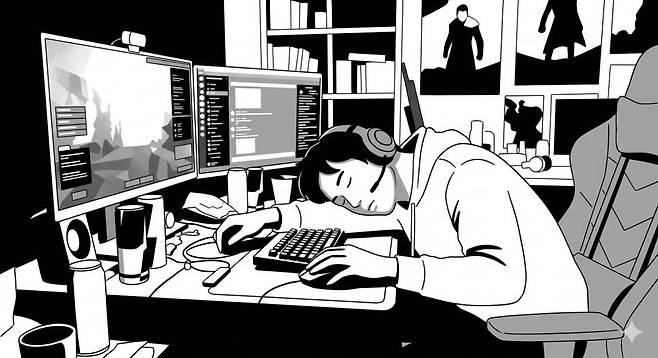 피곤에 지쳐 자동전투가 필요한 게임 이용자들. (인공지능 생성 이미지)
