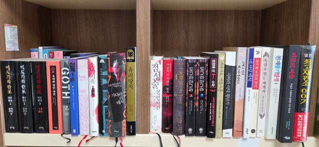 도진기 작가의 서가에 추리소설이 앞뒤 두 줄로 빼곡히 꽂혀 있다. 도진기 제공