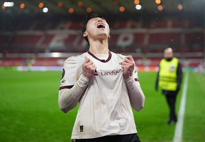 유로파리그 16강 1차전에서 결승골을 터트린 미트윌란 조규성. 잉글랜드 프리미어리그 노팅엄을 울렸다. AP=연합뉴스