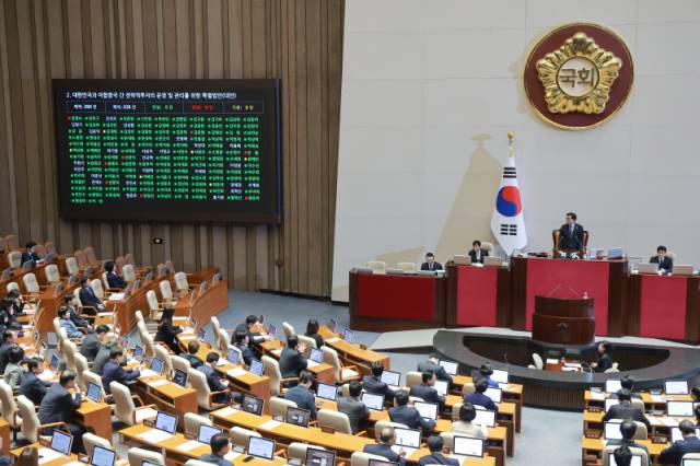 ▲ 12일 국회에서 열린 3월 임시국회 본회의에서 한미 전략적 투자 관리를 위한 특별법(대미투자특별법)이 통과되고 있다.  연합뉴스