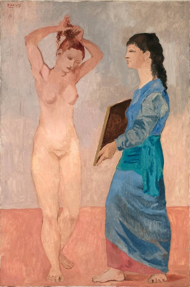 몸단장(1906). 장밋빛 시대의 대표작. 고대 비너스 석상을 참고한 전통적인 아름다움이 드러난다. 연인 페르낭드와 함께했던 시기의 따뜻하고 안정된 분위기가 느껴진다. /뉴욕 메트로폴리탄 미술관 (거트루드 스타인 기증)