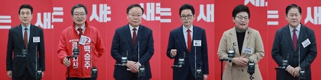 6·3 지방선거 경북지사에 도전하는 국민의힘 예비후보들이 지난 11일 서울 국민의힘 중앙당사에서 열린 광역단체장 후보 면접을 마치고 각각 취재진 질문에 답하고 있다. 이강덕 전 포항시장(왼쪽부터), 백승주 전 의원, 국민의힘 김재원 최고위원, 이철우 경북지사, 국민의힘 임이자 의원, 최경환 전 경제부총리.[연합]