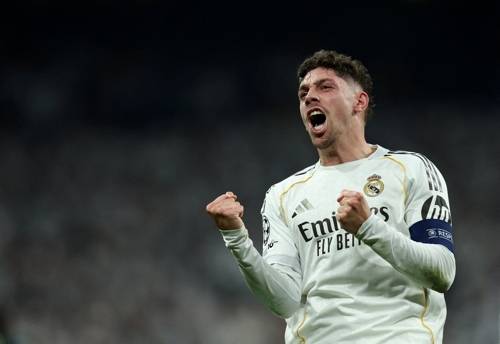 레알 마드리드 발베르데가 12일 맨시티전에서 골을 넣은 뒤 환호하고 있다. 로이터연합뉴스