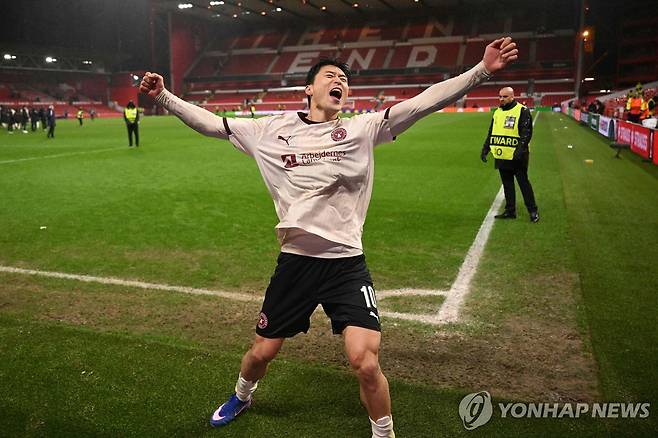 골 세리머니 하는 미트윌란 조규성. [AFP=연합뉴스]