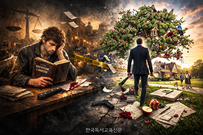 [고전 다시 읽기: 2026년의 시선 3] 도스토예프스키의 『죄와 벌』을 박찬욱의 『어쩔수가없다』영화와 비교하며...&nbsp; &nbsp; / 사진=생성형AI이미지