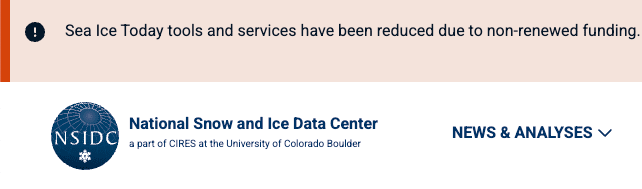 NSIDC 홈페이지에 "해빙 관련 서비스가 재정 지원 중단으로 축소됐다"는 알림이 올라와있다. (사진 NSIDC 홈페이지 캡처)