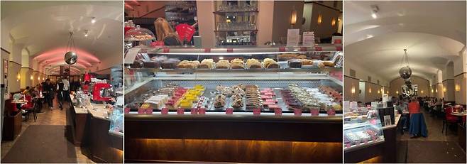 카페 뮤지엄은 1899년 오페른가세와 프리드리히슈트라세 도로가 만나는 지점에 세워지면서 내부 공간이 삼각뿔처럼 구성돼 있다. 디저트가 있는 쇼케이스(가운데)를 중심으로 좌우로 매장이 갈라진다. /사진=서윤경 기자