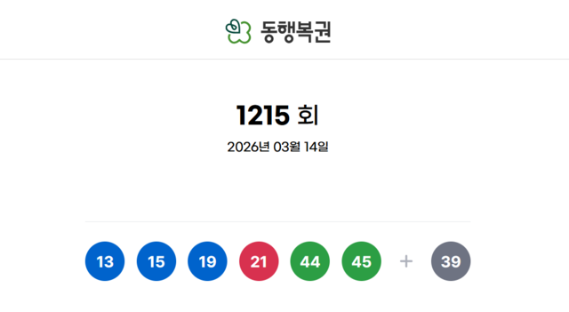 1215회 로또 당첨번호. 동행복권 홈페이지 갈무리