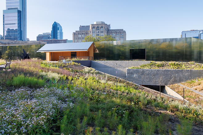 작은 집처럼 보이는 미술관이 정원에 둘러싸여 있다. ©Herzog & de Meuron