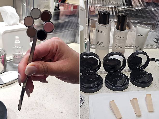 6개의 컬러가 표시된&nbsp;‘쉐이드 링’을 얼굴에 갖다 대면 자동으로 피부톤이 분석된다. 박윤희 기자