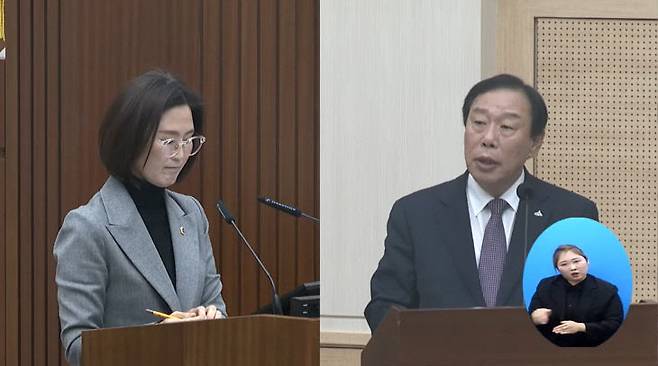 지난 12일 민주당 김현미 시의원(좌)이 최민호 세종시장(우)을 향해 재정 위기 상황을 언급하며, 문제점을 지적하고 있다., 최 시장은 이에 반박하는 설명을 하고 있다. 사진/시의회 영상 갈무리