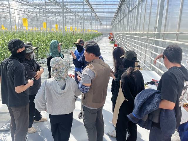 봉화군 임대형 스마트팜단지에서 관계자들과 교육생들이 스마트 농업 시설과 재배 기술에 대한 설명을 듣고 있다. 봉화군 제공