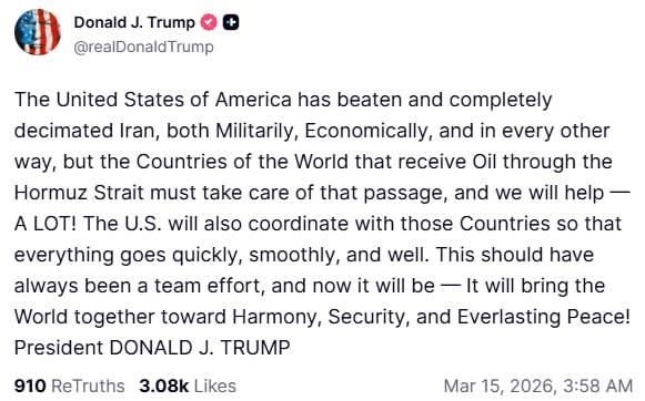 도널드 트럼프 미국 대통령은 14일 트루스소셜 게시물을 통해 잇달아 한국 등 다른 나라들에게 호르무즈 봉쇄 해제 문제에 참여할 것을 요구했다. /SNS 캡처