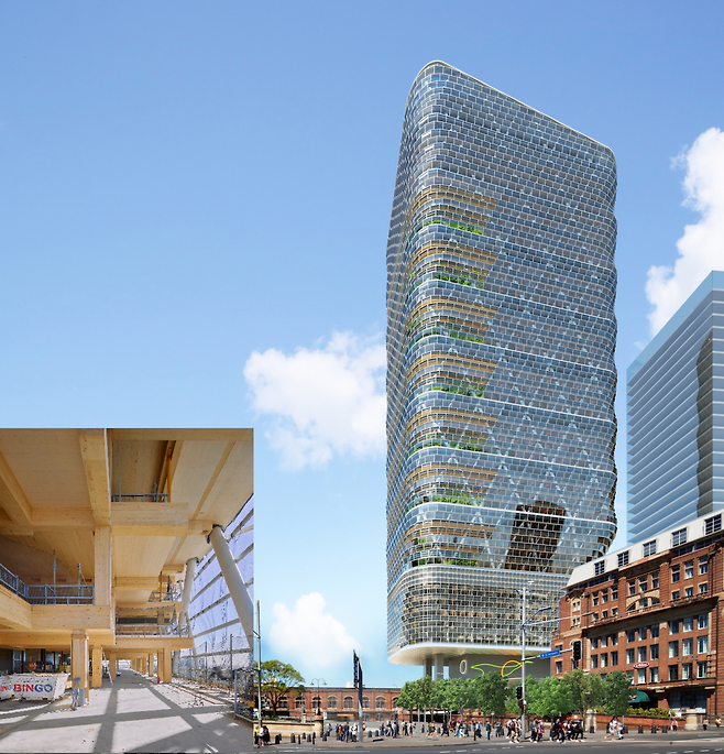 호주 시드니에서 이르면 연말 완공될 목재 사용 빌딩의 조감도. 왼쪽 작은 사진은 목재가 시공된 빌딩 내부의 실제 모습이다. 숍 아키텍츠 제공