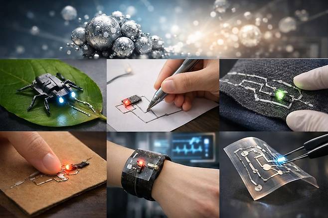 액체금속 파우더로 전자회로를 구현하는 모습을 AI로 생성한 이미지. 카이스트 제공