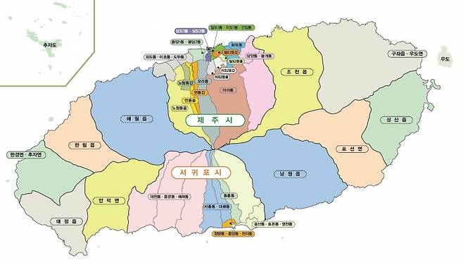 제주도의회 의원을 선출하는 32개 선거구 지도.