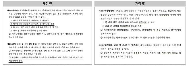 ▲ 한수원 자회사인 퍼스트키퍼스의 일반 과업지시서 개정 전(왼쪽)후(오른쪽)를 비교해봤다. 자회사 노동자를 지휘감독·노무관리하는 현장책임자를 선임해야 한다는 규정 등이 빠져 있다. <출처: 전종덕 진보당 의원실>