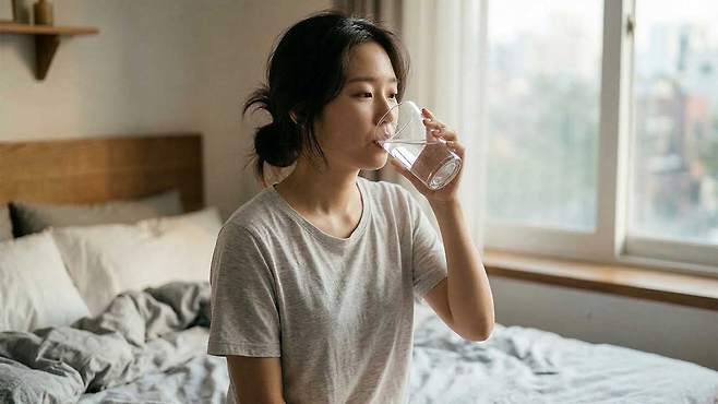 기상 후, 미지근한 물을 마시는 습관은 혈액 순환뿐만 아니라 아침 혈당 조절에도 효과적이다|출처: Gemini 생성