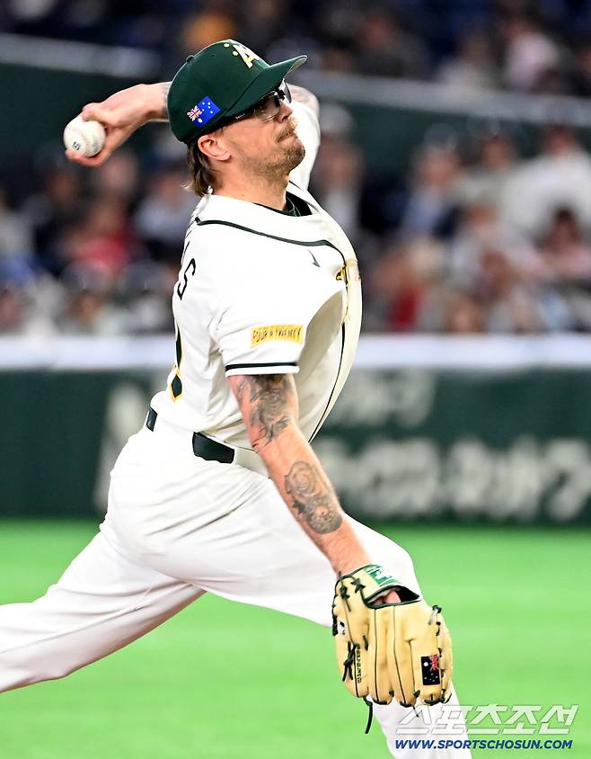 9일 일본 도쿄돔에서 열린 WBC(월드베이스볼클래식) 한국과 호주의 경기, 호주 선발투수 라클란 웰스가 역투하고 있다. 도쿄(일본)=허상욱 기자wook@sportschosun.com/2026.03.09/