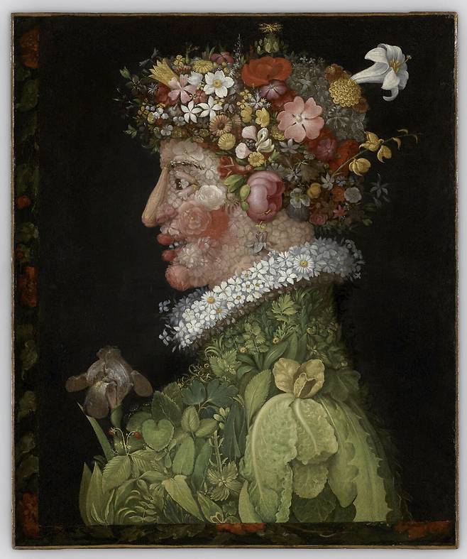 꽃과 채소로 사람의 상반신을 표현한 대표작 '사계' 연작(1563~1573) 중 '봄'. /루브르박물관