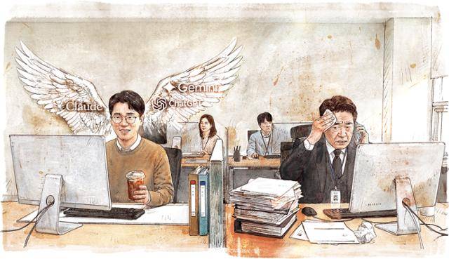 AI로 업무 능력을 증강시킨 직장인과 그렇지 못하는 직장인의 일하는 방식 변화를 대비해 표현한 삽화. AI 도구를 활용해 업무 흐름을 설계하는 실무자는 '날개'를 단 듯 생산성을 높이는 반면, 기존 방식에 머문 직장인은 더 많은 업무에 쫓기게 되는 시대를 상징적으로 보여준다. 일러스트=신동준 기자