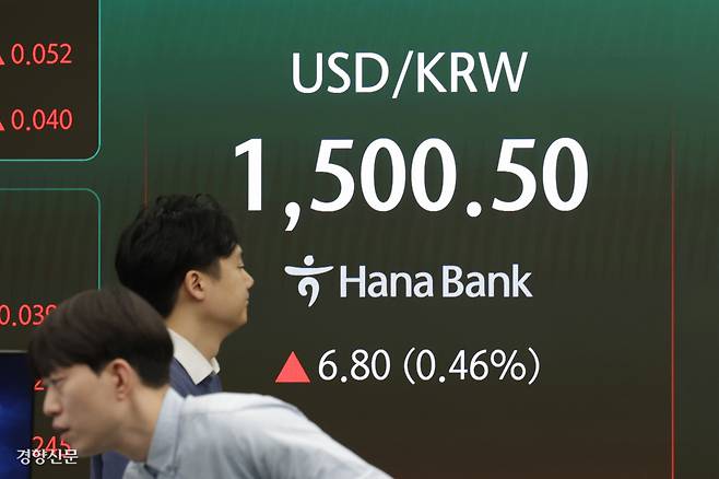 거침없는 ‘킹달러’ 원·달러 환율이 장중 1500원을 돌파한 16일 서울 중구 하나은행 딜링룸 현황판에 환율이 표시돼 있다. 원·달러 환율이 주간거래에서 장중 1500원을 넘은 것은 금융위기 당시인 2009년 3월12일 이후 처음이다. 한수빈 기자 subinhann@kyunghyang.com