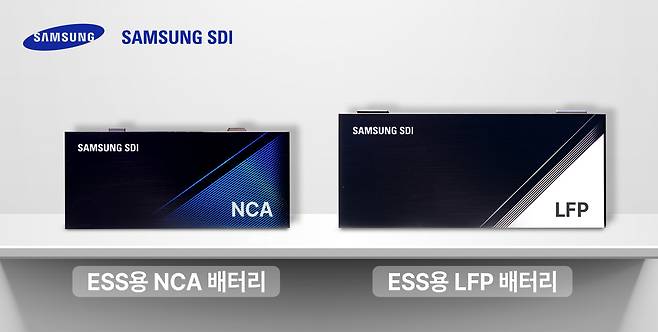 Samsung SDI’s energy storage system prismatic batteries featuring nickel-cobalt-aluminum (left) and lithium iron phosphate chemistries (Samsung SDI)