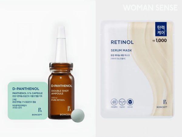 (왼쪽부터)&nbsp;디판테놀 동결건조 더블샷 앰플 키트 45mg+10ml 5천원,&nbsp;레티놀 세럼 마스크 23g 1천원 모두 본셉