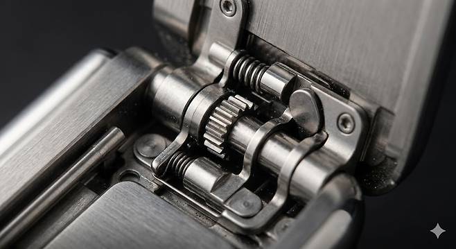 아이폰 폴드 힌지 구조 클로즈업과 접힌 상태 측면 두께 비교 이미지