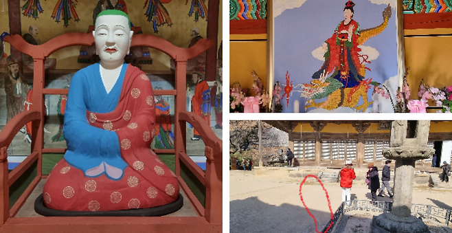 사진좌부터 의상대사 존상, 선묘각 내 선묘 낭자 상, 원안이 석룡이 묻혀 있는 곳(무량수전 앞). /김세동기자
