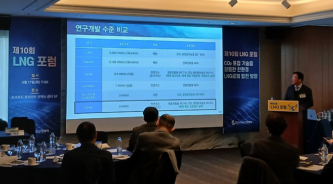 ▲류호정 한국에너지기술연구원 온실가스감축량평가연구단 박사가 17일 서울 강남 오크우드프리미어코엑스센터에서 탄소포집·활용·저장(CCUS)을 주제로 열린 '제10회 LNG 포럼'에서 주제발표하고 있다. 사진= 이원희 기자
