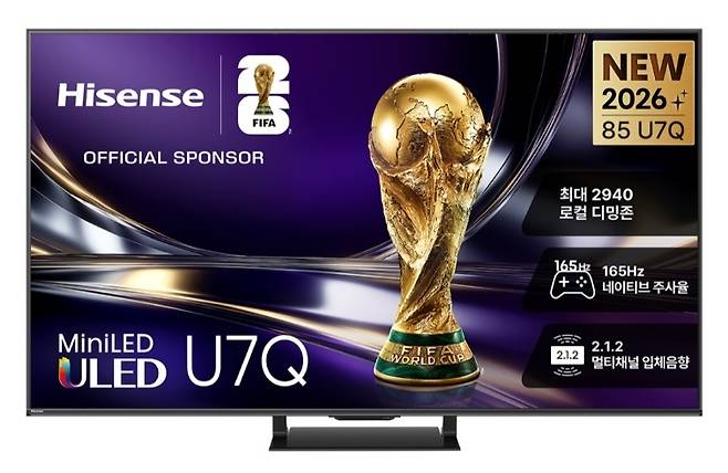 하이센스가 쿠팡에서 미니 LED를 탑재한 ULED TV인 'U7Q' 시리즈를 판매하며 제품 소개 페이지 상단 우측에 'NEW 2026+'라는 문구를 사용한 모습 / 쿠팡 갈무리