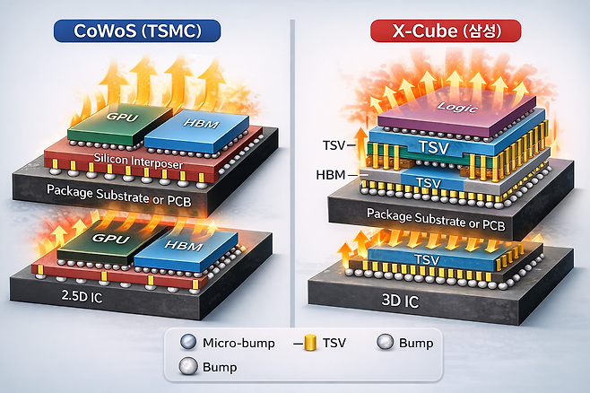 왼쪽은 TSMC의 CoWoS 구조로, GPU와 HBM이 실리콘 인터포저 위에 수평으로 나란히 배치되며 열이 위로 분산되는 형태를 보여준다. 오른쪽은 삼성전자의 X-Cube 구조로, 로직과 메모리를 TSV로 연결해 수직으로 적층한 모습이 강조된다. 그림은 동일한 기능을 수행하는 두 기술이 '넓게 펼치는 방식'과 '위로 쌓는 방식'으로 갈라지며, 각각 안정성과 집적도라는 서로 다른 방향의 설계 철학을 갖고 있음을 직관적으로 대비한다. / 해설=이상헌 기자, GPT 생성 이미지