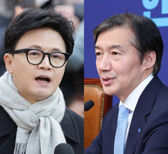 한동훈 전 국민의힘 대표와 조국 조국혁신당 대표가 6월 국회의원 재보궐 선거에서 맞대결을 펼칠 가능성이 정치권에서 거론되고 있다. 왼쪽 사진은 지난해 12월 3일 여의도 국회도서관 인근에서 기자회견을 하던 한 전 대표의 모습. 오른쪽은 조 대표가 지난해 11월 26일 국회에서 정청래 더불어민주당 대표를 예방하던 모습이다. 뉴스1