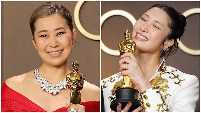 제98회 아카데미 시상식에서 '케이팝 데몬 헌터스'로 장편 애니메이션상을 수상한 매기 강 감독(왼쪽 사진)과 주제가상을 수상한 이재. EPA, AP=연합뉴스