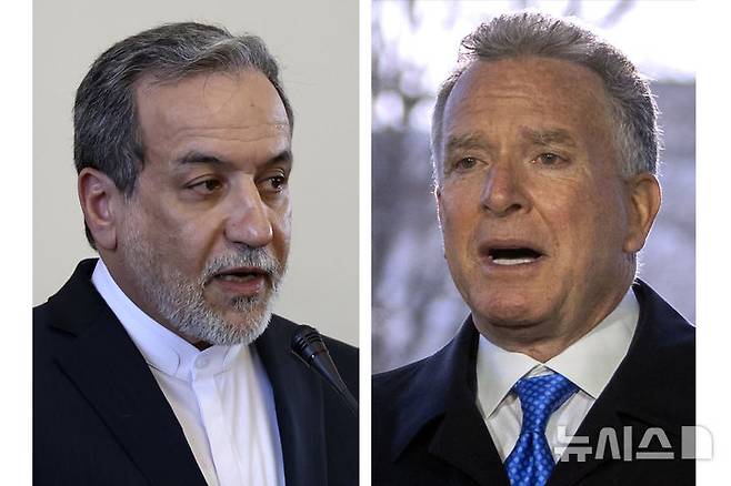 [AP/뉴시스] 미국과 이란이 전쟁 발발 이후 최초로 고위급 비공식 소통을 재개했다는 미국 언론 보도가 나왔다. 이란 측은 곧바로 부인했다. 사진은 스티브 윗코프 미국 중동특사(오른쪽)와 아바스 아라그치 이란 외무장관. (사진=뉴시스DB) 2026.03.17.