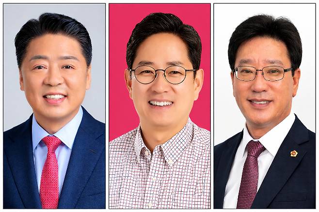 국민의힘 부산 남구 당협위원장인 박수영 국회의원(사진 가운데)이 당내 후보인 오은택 남구청장(왼쪽)과 김광명 전 시의원(오른쪽) 간 경쟁 구도에 영향을 미칠 핵심 변수로 거론된다. 국민의힘 제공
