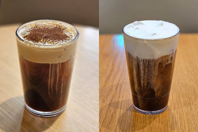 지난달 출시한 할리스 ‘바닐라 딜라이트 아인슈페너’(왼쪽)와 이달 출시한 투썸플레이스 ‘생크림 아메리카노’.