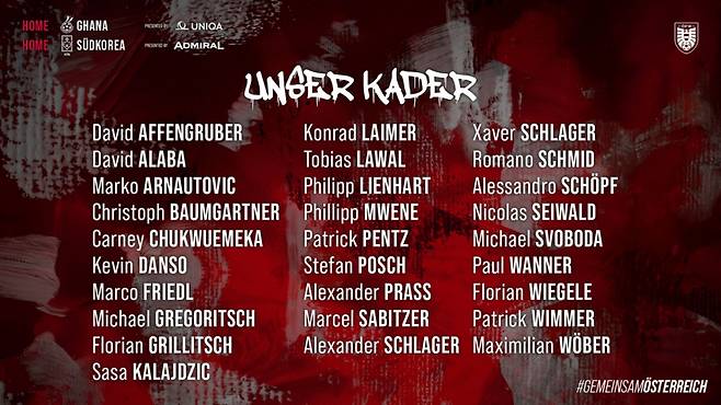 오스트리아 축구대표팀 명단. /사진=오스트리아축구협회 홈페이지 캡처