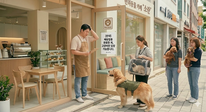 식당·카페의 반려동물 동반 출입이 이달 1일부터 합법화된  가운데 허용 여부를 놓고 고민하는 카페 점주의 모습.  Gemini 생성 이미지