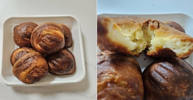 중국 베이징에서 구매한 황요우니엔까오(버터떡) 겉과 속 모습. (사진=이데일리 이명철 특파원)