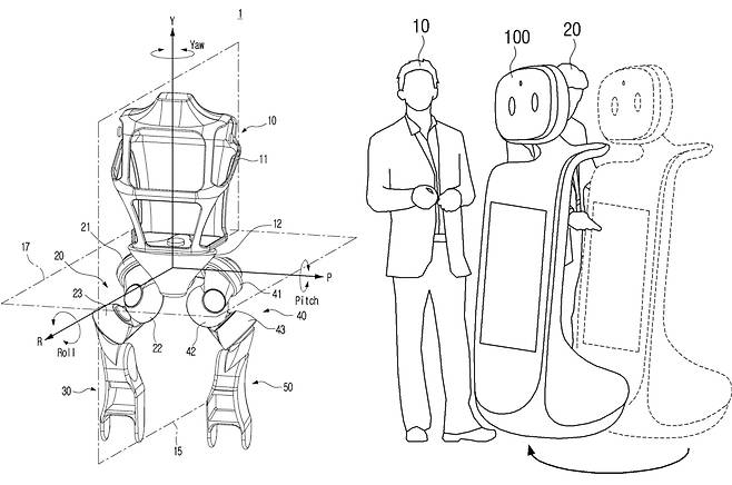 삼성전자의 ‘휴머노이드 로봇의 고관절’ 특허(왼쪽)와 ‘사용자와의 인터랙션 중 인터럽션을 방지하는 로봇’ 특허의 대표 도면./KIPRIS