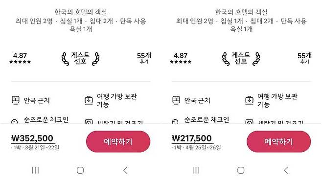 한 숙박 플랫폼에서 확인한 동일 숙소의 3월20~21일 가격과 4월25~26일 가격.ⓒ숙박 플랫폼 갈무리