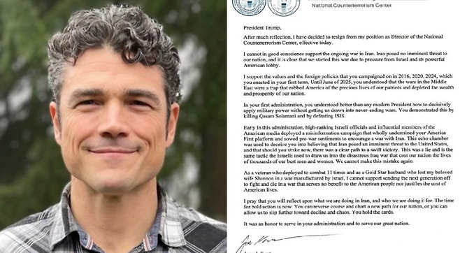 조 켄트 미 국가대테러센터 국장(왼쪽)과 이란 전쟁 반대를 이유로 사의를 밝히며 공개한 사임서. (SNS 캡처)