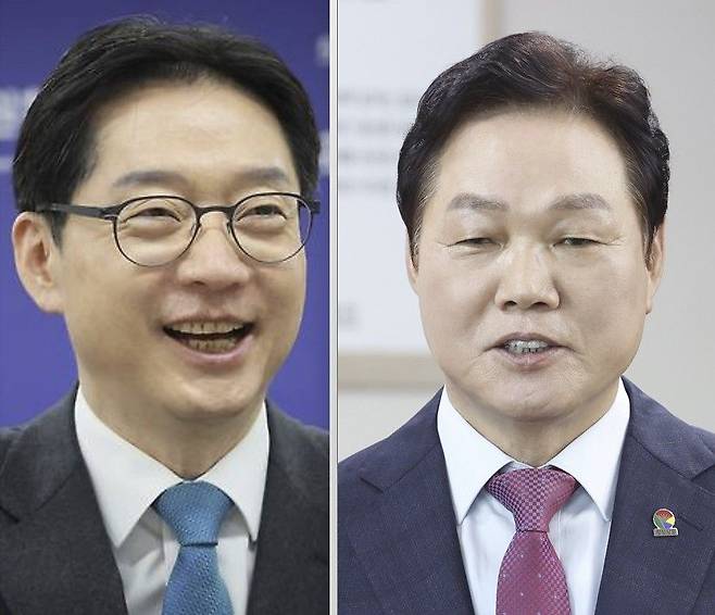 김경수(왼쪽) 전 경남지사와 박완수 현 경남지사. 연합뉴스, 사진 경남도