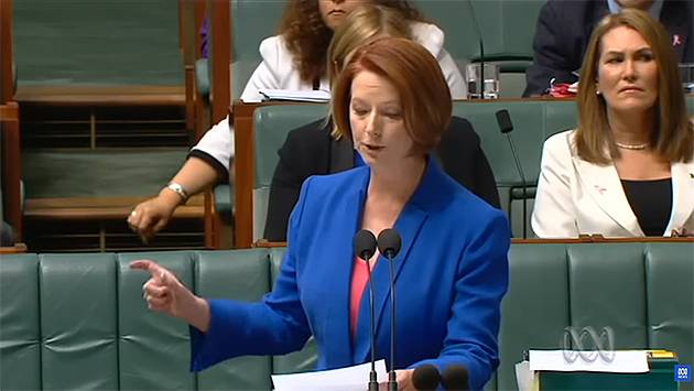 줄리아 길라드 당시 호주 총리가 2012년 의회에서 ‘여성혐오 연설’로 알려진 발언을 하고 있다. ABC뉴스(호주) 유튜브 캡처