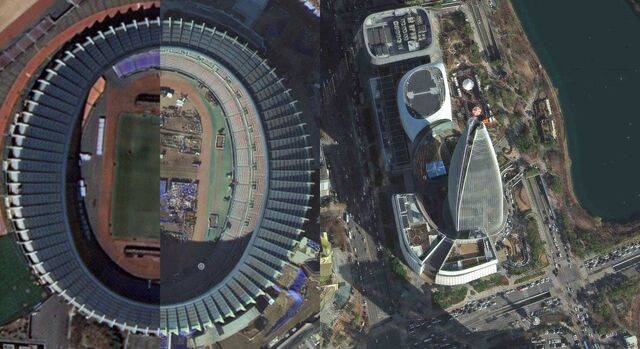 우주항공청이 17일 국내 기술로 제작된 고해상도 지구관측 광학위성인 다목적실용위성(아리랑) 7호가 지구 궤도에서 촬영한 영상을 공개했다. 서울 송파구 잠실 올림픽 경기장(왼쪽)과 롯데타워(오른쪽)를 촬영한 영상에 관람석 의자와 도로 위 차선, 차종이 식별 가능할 만큼 선명하게 보인다. 우주항공청 제공