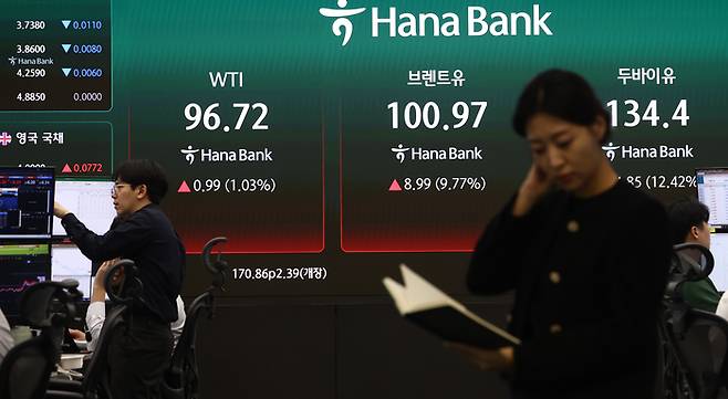 (서울=뉴스1) 김민지 기자 = 코스피가 유가 급등에 3% 하락 개장한 13일 오전 서울 중구 하나은행 본점 딜링룸 전광판에 WTI, 브렌트유, 두바이유 등 국제 유가 지수가 표시되고 있다. 2026.3.13/뉴스1
